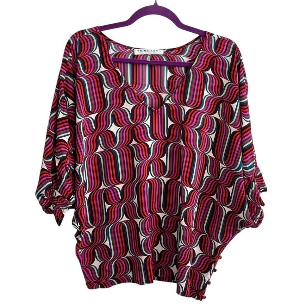Trina Turk 100% Silk Colorful Geometric Print Blouse Burgundy & Pink Multi SZ M